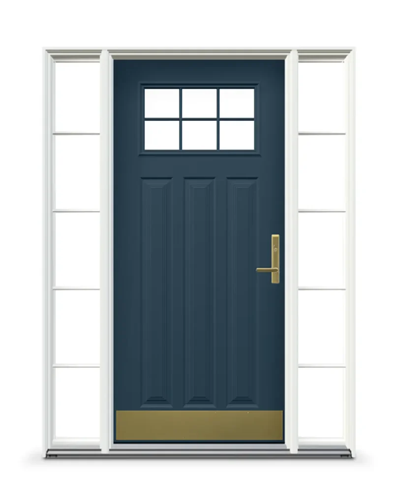 Blue door with white windows surrounding it