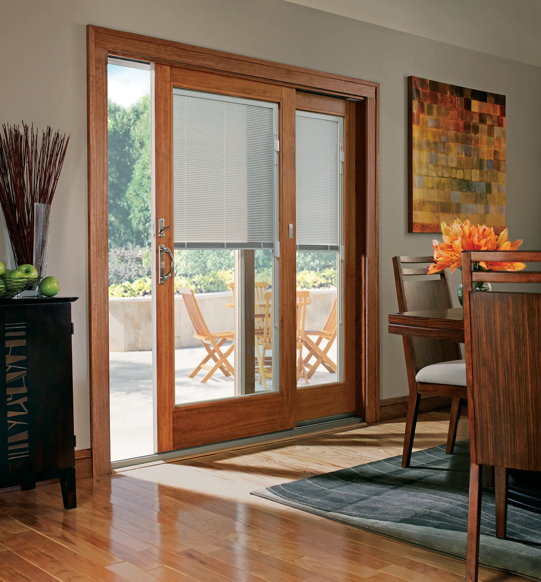 Wooden patio doors leading into dining room