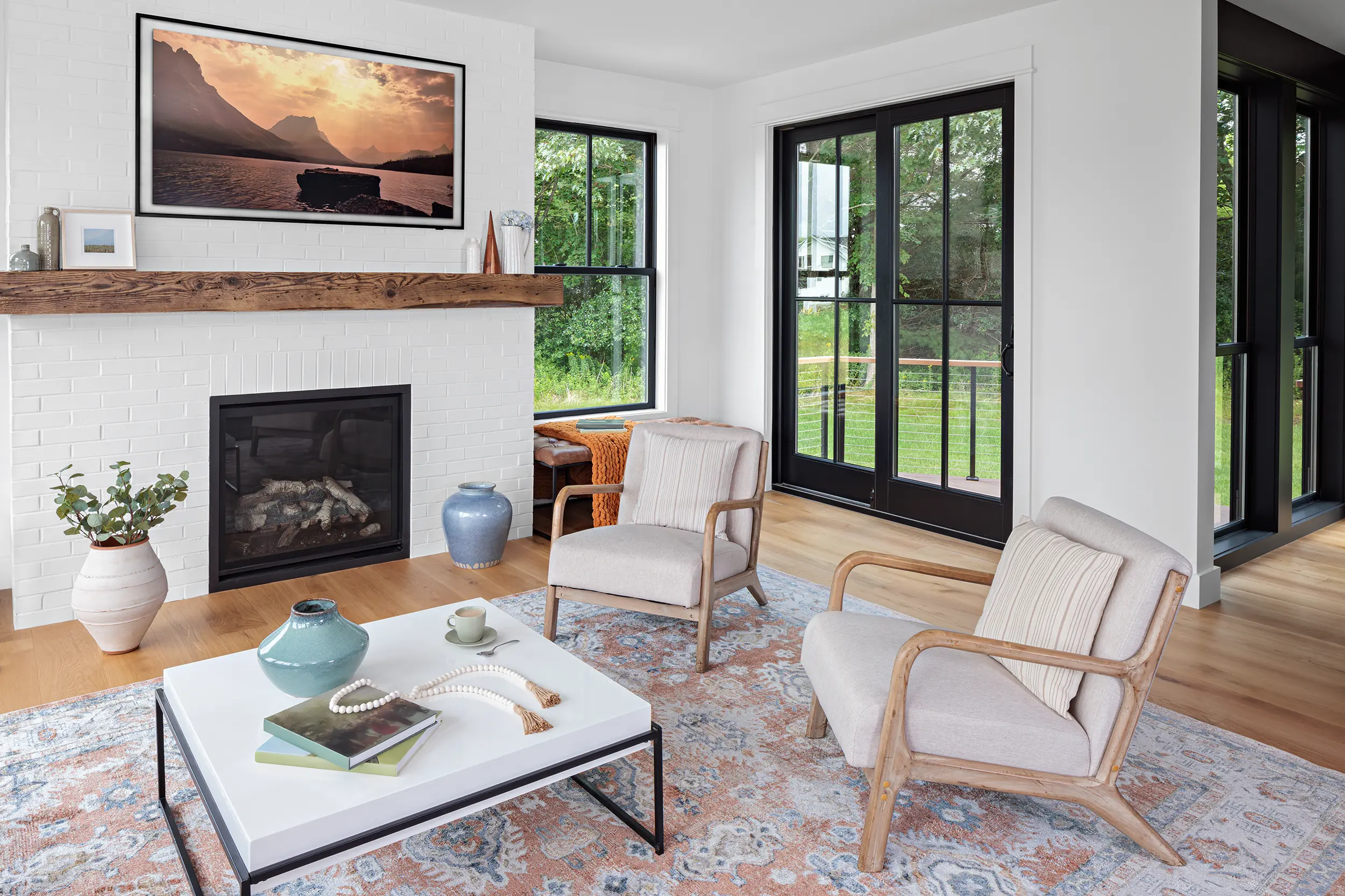 Black gliding patio doors in a living room