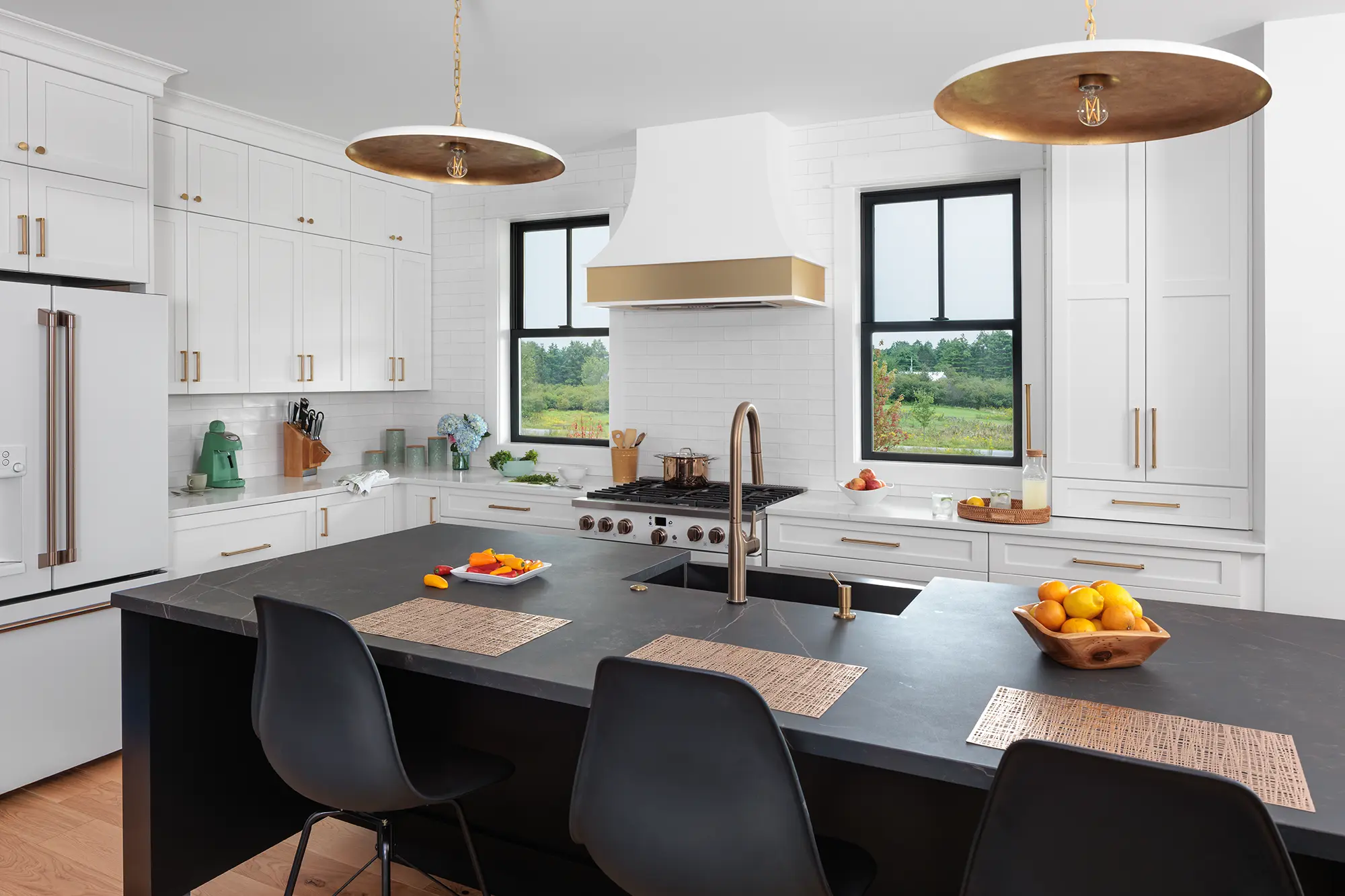 Black double hung windows in a kitchen