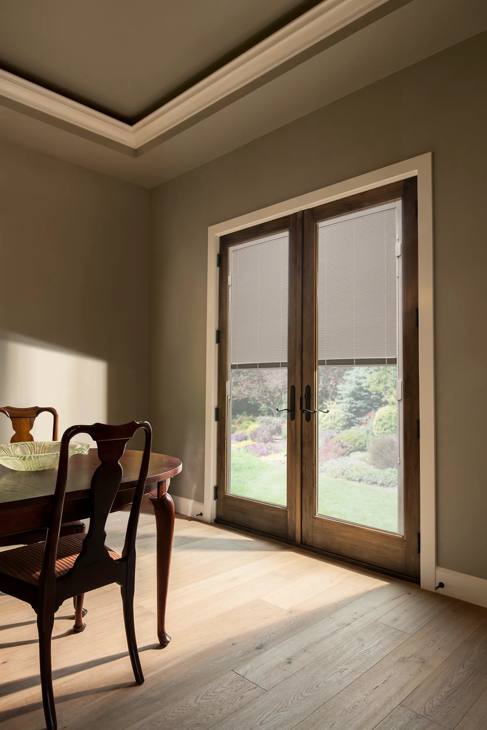 Wooden patio doors in a dining room