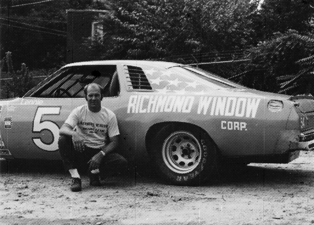 Lennie Pond with his Richmond Window Corp sponsored stock car in 1977