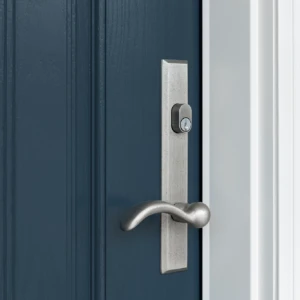 Silver door handle on a blue door