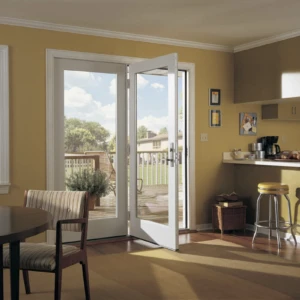 White patio door leading into kitchen
