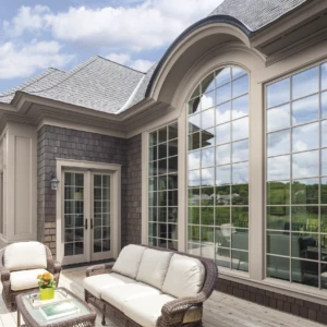White patio doors leading to back patio