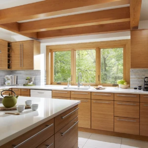 Casement windows above sink in wooden kitchen