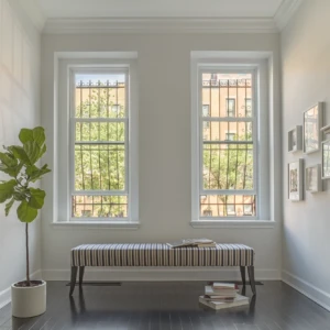 White double hung windows above an ottoman