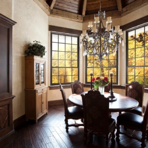 Brown double hung windows in a dining room