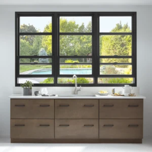 Black double hung windows above a kitchen counter